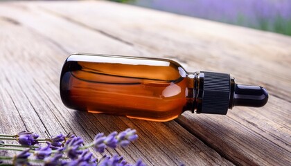 amber glass roll on bottle mockup lavender on the wooden background