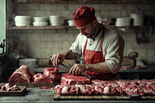 Butcher prepares fresh meat cuts in a rustic shop during daylight