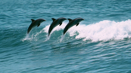 Fototapeta premium A playful group of dolphins jumping out of the ocean waves. Dolphins at play.