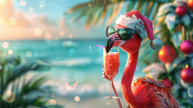cartoon flamingo in sunglasses and christmas hat drink pink cocktail on the tropical beach background, holiday, vacation time, summer drink concept -