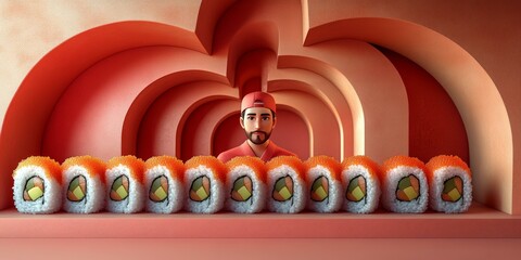 Naklejka premium Sushi Chef Presents His Art