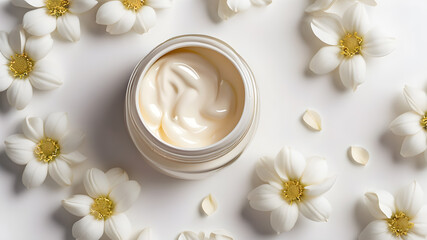 Medical therapy cosmetic cream with herbal flowers. care moisture lotion with herbal flowers. AI generated image, ai.