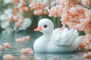 Adorable White Duck in Pond, Springtime Scene