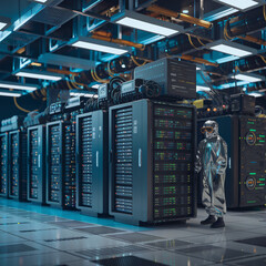 Obraz premium Futuristic Data Center with Hazmat-Suited Technician