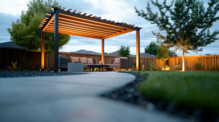 Fototapeta premium Cozy outdoor lounge area with illuminated pergola