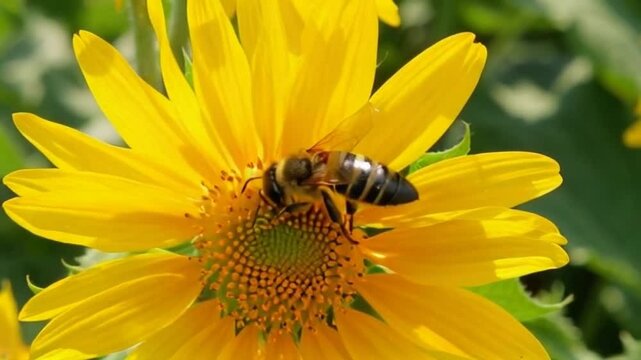 A close-up of a honey bee collecting pollen from a bright yellow sunflower, with its wings sparkling under the sunlight