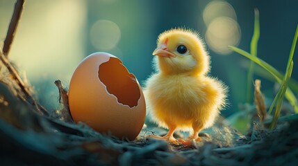 Adorable newborn chick breaking out of its shell.