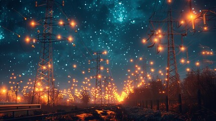 Fototapeta premium Electricity transmission towers with orange glowing wires against a starry night sky, illustrating the concept of energy infrastructure.