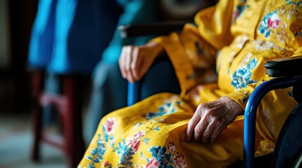 Elderly person in colorful traditional clothing sitting in wheelchair