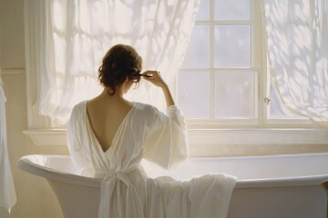 woman in white robe looking out window