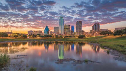 Naklejka premium Dallas Skyline Reflected in a Pond at Sunset
