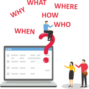 Business people on large question mark thinking of who what where when why and how. 5w1h asking questions for solution to solve problem. Flat vector illustration


