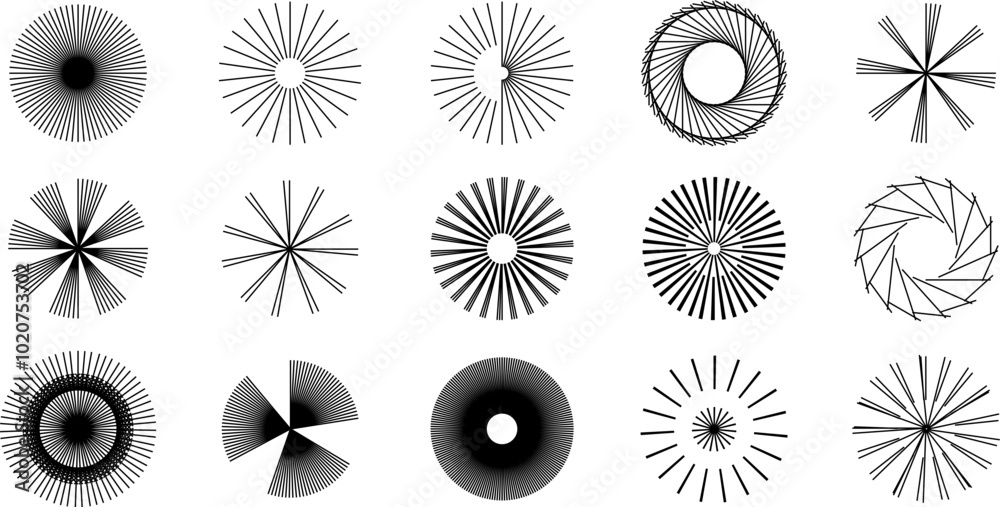 Poster set of minimalist concentric circle logo. optical illusion with striped lines. abstract shapes. mini