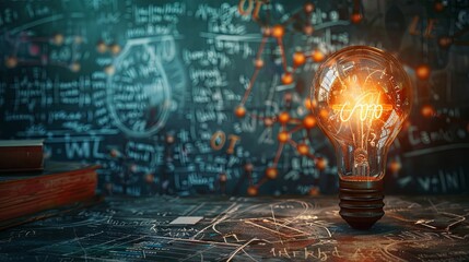 A luminous lamp symbolizing scientific thought, set against a backdrop of physics and mathematical formulas. A representation of science and education