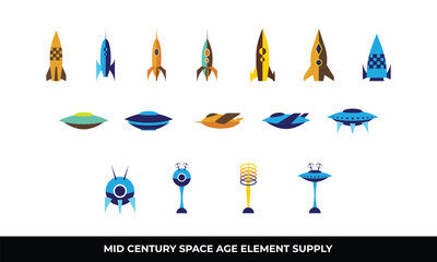 Mid century space age icon set illustration