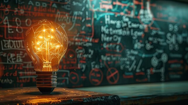 A luminous lamp symbolizing scientific thought, set against a backdrop of physics and mathematical formulas. A representation of science and education