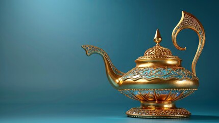Naklejka premium A golden enchanted Aladdin’s lamp on a blue backdrop 