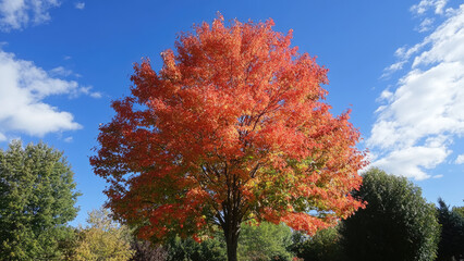 Bright Autumn Tree with Red and Orange Leaves Against Blue Sky