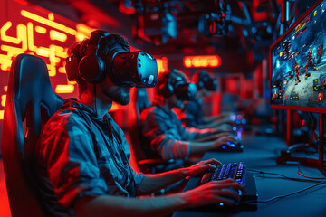 Gamers immersed in virtual reality during an esports event at night