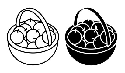 Linear icon, Isometric basket with handle filled with freshly picked fruits apples. Autumn fruit harvest. Simple black and white vector isolated on white background