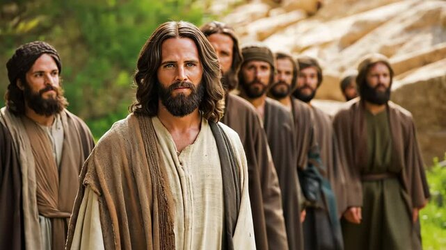A man with a beard and a long beard is standing in front of a group of men. The man is wearing a brown robe and a white robe