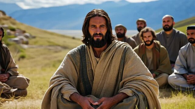 A man with a beard and a robe sits in a field with a group of men. He is smiling and he is the leader of the group