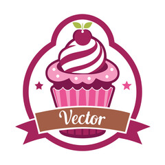 cupcake with cherry logo cupcake with pink ribbon bakery logo vector illustration 