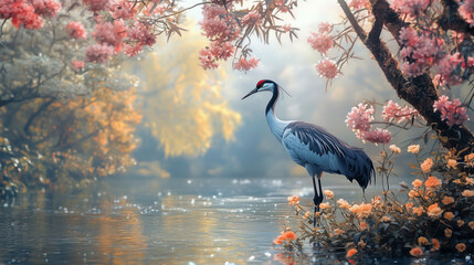 Naklejka premium heron by the lake Generative AI 