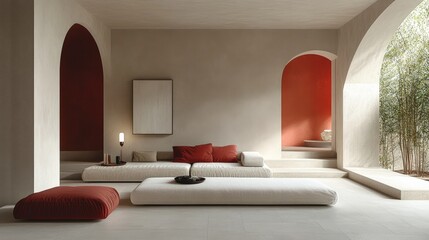 minimalistic interior with decorative elements Pantone Tomato Cream color. shades of red-carrot color in interior decor