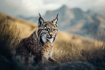 Obraz premium Lynx in wild desolate arid landscape. Wildlife photography. Shallow depth of field.