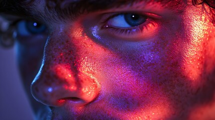 Naklejka premium Intense close-up of a young man's face, neon purple and red reflections highlighting his jawline, capturing a mysterious and futuristic aura