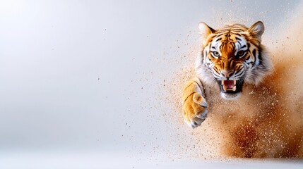 Tiger running fiercely, action shot with dust flying in the air.