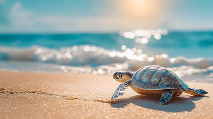 Obraz premium Close-up of a sea turtle crawling on a sandy beach under bright sunlight, capturing detailed shell texture and vibrant colors in a dynamic pose against a picturesque beach landscape.