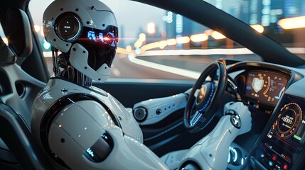 Fototapeta premium Robot driving white car, future technology concept 