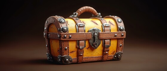 Antique-style leather trunk with metal accents, brown and yellow vintage design