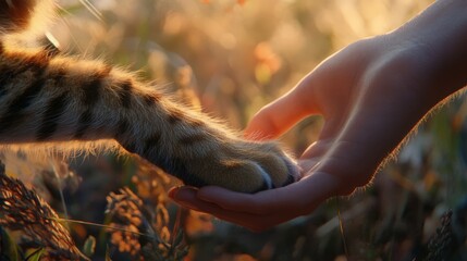 Gentle touch of human hand on furry paw