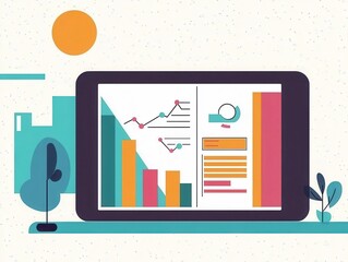 Obraz premium A colorful tablet displays graphs and charts, illustrating data analysis and visualization in a modern, stylish design.