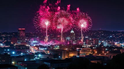 Vibrant fireworks display over a cityscape at night