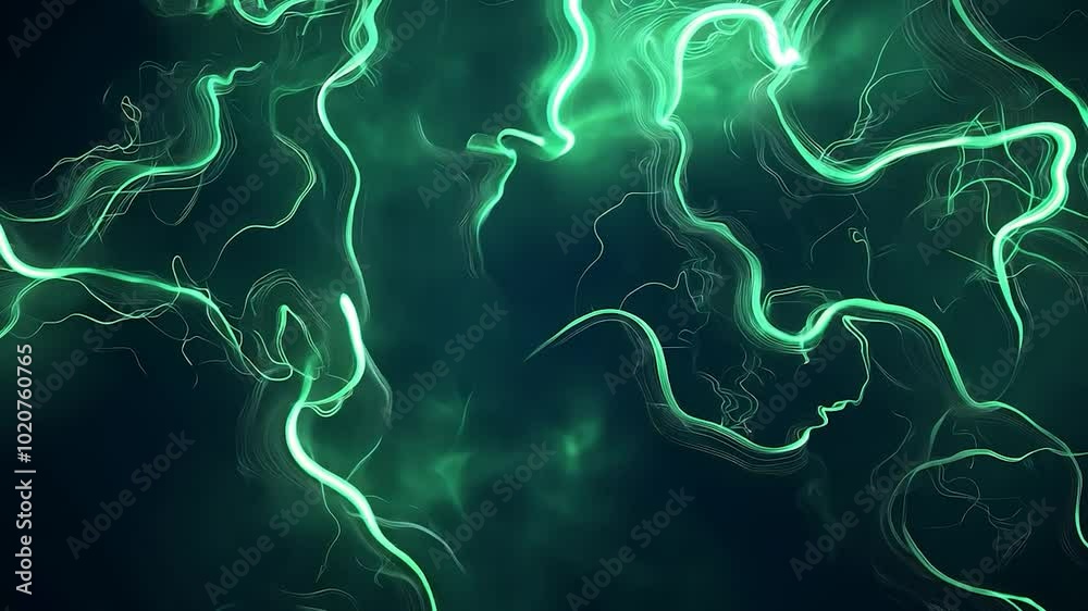 Poster abstract animation showcases green energy flowing and forming captivating shapes against a dark back