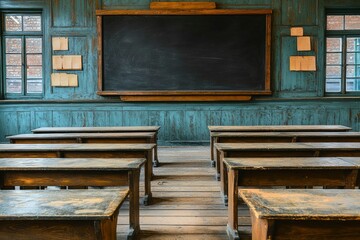 Fototapeta premium Empty Classroom with Wooden Desks and a Blackboard