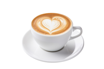 A high-resolution image of a coffee latte in a sleek, white cup with a rich layer of foam art featuring a heart design, set against a bright white surface