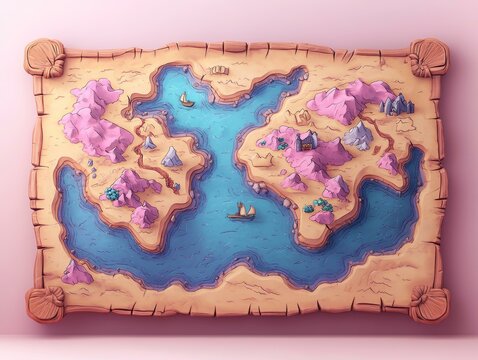 Fantasy Map of Magical Islands, 3D Digital Illustration