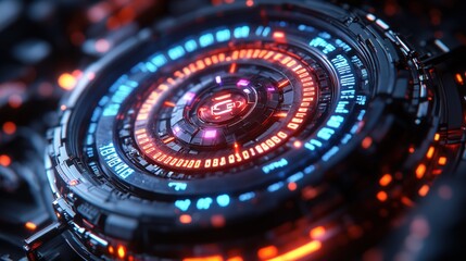 A futuristic, glowing gear with red, blue, and purple neon lights, featuring intricate digital patterns and circular data readouts in a high-tech, cyberpunk style.