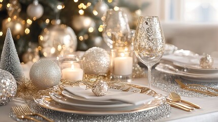 Elegant Christmas Table Setting with Gold Accents and Ornaments