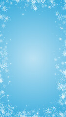 snow flakes frame on blue sky background,white snow flakes flying ,happy new year and merry Christmas holiday vertical social media design element ,winter snowy sky