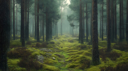 Fototapeta premium Elvish pine and fir forest with green moss covering the forest floor.