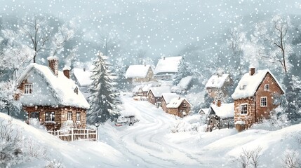 Snow-covered village in serene winter landscape with falling sno