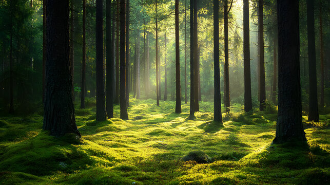 Elvish pine and fir forest with green moss covering the forest floor.