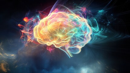Fototapeta premium A vibrant, abstract depiction of a brain surrounded by colorful light and swirling energy, representing creativity and intelligence.