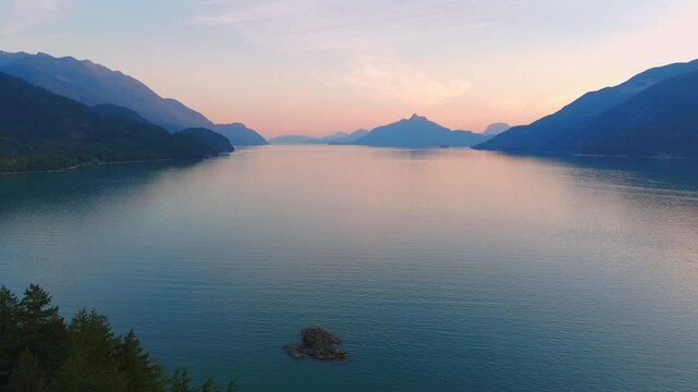 Aerial view of Howe Sound surrounded by mountains. British Columbia, Canada.